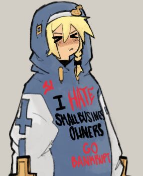 Rule 34 | > <, 1boy, :3, absurdres, blonde hair, braid, bridget (guilty gear), closed eyes, english text, guilty gear, guilty gear strive, hammer and sickle, highres, hood, hood up, hoodie, long sleeves, male focus, mars symbol, side braid, smile, solo, squidmiku 