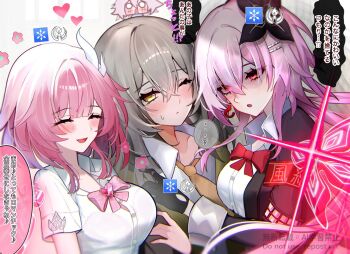 3girls black_collar bow bowtie breasts collar commentary_request cyrene_(aedes_elysiae)_(honkai:_star_rail) cyrene_(honkai:_star_rail) earrings evernight_(honkai:_star_rail) grey_hair honkai:_star_rail honkai_(series) jewelry large_breasts march_7th_(honkai:_star_rail) multiple_girls necktie one_eye_closed pink_bow pink_bowtie pink_hair red_bow red_bowtie red_eyes sanada_nagi shirt short_hair smile speech_bubble stelle_(honkai:_star_rail) trailblazer_(honkai:_star_rail) translation_request white_shirt yellow_eyes yellow_necktie