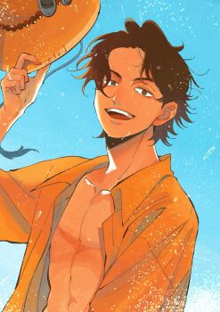 Rule 34 | 1boy, abs, aged down, black hair, blue sky, collared shirt, commentary, freckles, hat, highres, holding, holding unworn clothes, holding unworn hat, looking at viewer, male focus, miaz88388191, one piece, open clothes, open mouth, open shirt, portgas d. ace, shirt, short hair, sky, smile, solo, unworn hat, unworn headwear, upper body