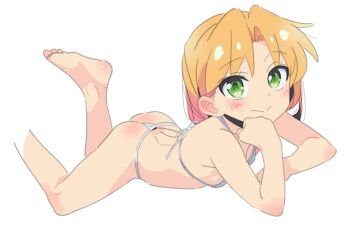 1girl ass ass_blush bikini blonde_hair blush breasts feet green_eyes highres legs loli long_hair looking_at_viewer lying micro_bikini mtomita on_stomach ruri_no_houseki saeki_tatsuya simple_background small_breasts smile solo swimsuit tanigawa_ruri thighs thong toes white_background white_bikini