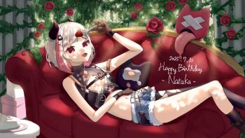 1girl artist_request asymmetrical_legwear couch crop_top flower food fork fruit fur_trim gloves heart horns lying naraka_(nijisanji) navel nijisanji on_back open_mouth pink_hair red_eyes rose rose_bush short_shorts shorts solo source_request strawberry tagme torn_clothes torn_legwear virtual_youtuber white_hair
