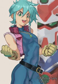 1girl allenby_beardsley aqua_hair artist_name belt black_belt blue_bodysuit bodysuit breasts brown_gloves clenched_hands commentary commission cowboy_shot english_commentary g_gundam gloves green_eyes gundam hair_between_eyes jewelry looking_at_viewer mecha necklace nobel_gundam open_clothes open_mouth open_vest pink_vest pixiv_commission robot short_hair skin_tight small_breasts smile standing super_robot toastitos v-shaped_eyebrows vest