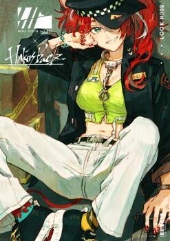 Rule 34 | 1girl, animal ears, asymmetrical legwear, barcode, belt, black hair, black jacket, box, bracelet, breasts, caution tape, cleavage, commentary, cuffs, english text, floor, gun, hair between eyes, hakos baelz, hand on own face, handcuffs, handcuffs around neck, handgun, hat, high-visibility clothing, high-visibility vest, highres, hololive, hololive english, jacket, jewelry, knees apart feet together, leaning back, midriff, mouse ears, mouse tail, multicolored hair, navel, one eye covered, pants, police, police hat, red hair, red nails, shoes, single handcuff, sitting, smile, sneakers, tail, total, vest, virtual youtuber, weapon, white hair, white pants, zipper