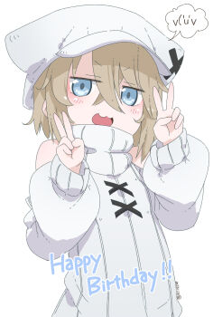 :3 blonde_hair blue_eyes borrowed_character commentary_request cowboy_shot crossed_bangs dated detached_sleeves double_v happy_birthday hat highres looking_at_viewer open_mouth phantasy_star phantasy_star_online_2 samansa_ex short_hair signature simple_background speech_bubble standing sweater turtleneck turtleneck_sweater v white_background white_headwear white_sleeves white_sweater