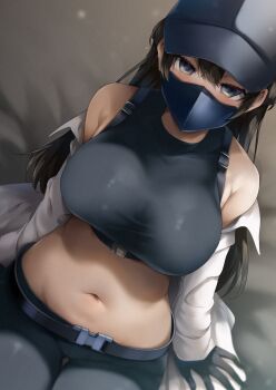 1girl bare_shoulders belt black_belt black_gloves black_hair black_mask black_pants blue_archive blue_hat breasts cosplay gloves hair_between_eyes hat highres konata_(kankin_jk) lab_coat large_breasts long_hair looking_at_viewer mask midriff mishiranu_joshikousei_ni_kankin_sareta_mangaka_no_hanashi mouth_mask navel pants ryouma_(galley) saori_(blue_archive) saori_(blue_archive)_(cosplay) sitting solo stomach