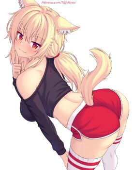 1girl animal_ear_fluff animal_ears ass back black_shirt blonde_hair blush breasts cat_ears cat_girl cat_tail commentary_request crop_top hair_tie highres large_breasts leaning_forward long_hair long_sleeves looking_at_viewer nottytiffy original red_eyes red_shorts shirt short_shorts shorts sidelocks simple_background smile solo tail thighhighs tiffy_(nottytiffy) white_background white_thighhighs