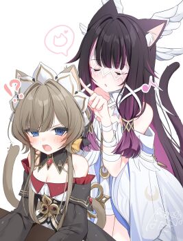 2girls animal_ears annoyed black_dress black_hair blue_eyes blush breasts brown_hair cat_ears cat_girl cat_tail cleavage closed_eyes columbina_(genshin_impact) dress eye_mask fang genshin_impact hair_flaps hair_intakes head_wings headdress heart highres kemonomimi_mode long_hair mask multicolored_hair multiple_girls musical_note open_mouth parted_lips purple_hair sandrone_(genshin_impact) sentouryoku_5 sidelocks signature spoken_heart streaked_hair tail two-tone_hair white_dress wings