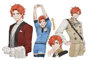1boy absurdres arms_up blue_shirt blue_shorts brown_eyes buttons closed_mouth collared_jacket collared_shirt commentary_request cropped_shoulders fire_emblem fire_emblem:_three_houses garreg_mach_monastery_uniform grey_vest hand_on_own_hip highres interlocked_fingers jacket korean_commentary long_sleeves male_focus multiple_views nintendo one_eye_closed parted_hair potato_goril red_hair red_jacket school_uniform shirt short_sleeves shorts simple_background smile stretching sylvain_jose_gautier towel towel_on_arm vest white_background white_shirt