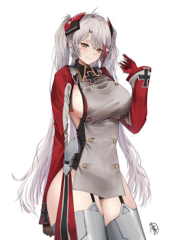 1girl absurdres antenna_hair azur_lane black_gloves black_leotard blush boots breasts cowboy_shot cross dress gloves grey_dress grey_hair hair_between_eyes highres iron_cross large_breasts leotard leotard_under_clothes long_hair long_sleeves looking_at_viewer mole mole_on_breast multicolored_hair prinz_eugen_(azur_lane) red_hair sideboob signature smile solo streaked_hair thick_thighs thigh_boots thighs two_side_up very_long_hair white_background white_hair yagoro_kusuriya