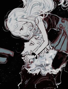 1boy 1girl beard blonde_hair facial_hair fur-trimmed_hood fur_trim grey_eyes highres hood horimhkw11 jacket l_(pokemon) long_hair monochrome nintendo pokemon pokemon_legends:_z-a pokemon_xy red_skirt serena_(pokemon) shirt skirt sleeveless sleeveless_shirt upper_body white_hair