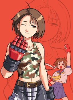 Rule 34 | > <, 2girls, :d, absurdres, armored gloves, bare shoulders, belt, black pants, blue sailor collar, blue skirt, breasts, brown belt, brown eyes, brown hair, camouflage, camouflage shirt, clenched hand, crop top, fingerless gloves, furrowed brow, gloves, hand up, headband, highres, justice gakuen, kasugano sakura, kazama akira, light blush, light smile, medium breasts, midriff, multiple girls, neckerchief, one eye closed, open mouth, pants, pleated skirt, puffy short sleeves, puffy sleeves, red background, red gloves, sailor collar, school uniform, shirt, short hair, short sleeves, skirt, smile, spdcooler, street fighter, tank top, upper body, white headband, white shirt, xd, yellow neckerchief, zoom layer