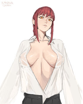 1girl black_pants breasts breasts_apart chainsaw_man collared_shirt commentary covered_erect_nipples highres kanavachan large_breasts long_hair makima_(chainsaw_man) open_clothes open_shirt pants parted_lips red_hair ringed_eyes shirt sidelocks simple_background solo sweat white_background white_shirt yellow_eyes