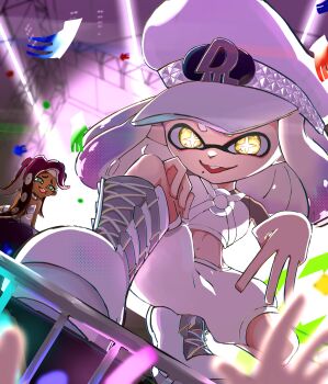 Rule 34 | 2girls, absurdres, black hair, blurry, blurry background, boots, commentary request, confetti, cross-shaped pupils, dark-skinned female, dark skin, dutch angle, green eyes, hand on own leg, hat, highres, inkling, long hair, marina (grand festival) (splatoon), marina (splatoon), midriff, mole, mole under mouth, multiple girls, nintendo, octoling, official alternate costume, on one knee, open mouth, pearl (grand festival) (splatoon), pearl (splatoon), shirt, shorts, sleeveless, smile, solo focus, splatoon (series), splatoon 3, symbol-shaped pupils, teeth, tentacle hair, upper teeth only, white boots, white hair, white hat, white shirt, white shorts, winter okota, yellow eyes, yellow pupils