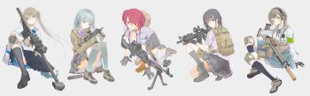 5girls ammunition anti-materiel_rifle assault_rifle backpack bag barrett_m82 black_hair blue_eyes blue_hair bookbag bow bowtie bullpup diagonal-striped_bow diagonal-striped_bowtie diagonal-striped_clothes fn_scar fuyou_mariko fuyuno_haruaki grey_hair gun h&amp;k_mp7 heckler_&amp;_koch highres knee_pads kneehighs light_machine_gun little_armory long_image machine_gun multiple_girls muzzle_device original pump-action_shotgun red_eyes red_hair renboshi_fumina rifle rifle_cartridge scope shiina_rikka shirane_rin shotgun skirt sniper sniper_rifle socks striped_bow striped_bowtie striped_clothes submachine_gun teruyasu_maria thighhighs tomytec twintails weapon wide_image