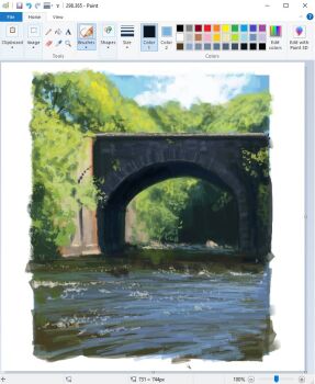 art_program_in_frame border bridge christian_young commentary forest landscape microsoft_paint_(medium) microsoft_paint_(software) nature no_humans original outdoors painterly reflection reflective_liquid scenery screencap stairs stone_bridge tree water waves white_border