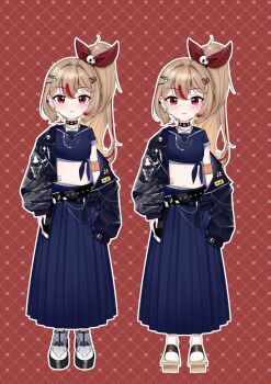 1girl absurdres black_collar black_jacket blue_shirt blue_skirt broken_heart broken_heart_hair_ornament brown_hair character_name closed_mouth collar commentary cropped_shirt english_commentary evil_neuro-sama from_side full_body hair_between_eyes hair_ornament hair_ribbon hairclip heart high_ponytail highres holding jacket jewelry kikomocreative long_hair long_skirt long_sleeves multicolored_hair multiple_necklaces multiple_views navel necklace neuro-sama ponytail red_eyes red_hair red_ribbon ribbon sandals shirt shoes skirt socks spiked_collar spikes standing straight-on streaked_hair vedal_ai virtual_youtuber white_shoes white_socks