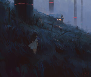 1girl absurdres airfish_(lefko_d) black_hair cabin dress fence from_behind grass highres long_hair looking_to_the_side no_pants original outdoors painterly scenery short_sleeves solo white_dress