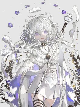 1girl chinese_commentary commentary_request commission cowboy_shot dated elbow_gloves english_text flower gloves grey_background hair_between_eyes hair_flower hair_ornament highres holding holding_scepter looking_at_viewer medium_hair open_mouth original purple_eyes ribbon scepter shirt skirt smile solo teeth thank_you upper_teeth_only vihua6 watermark white_flower white_gloves white_hair white_ribbon white_shirt white_skirt wide_sleeves