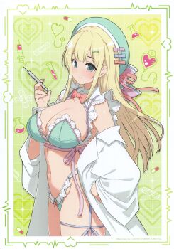 1girl absurdres aqua_bra aqua_eyes aqua_hat aqua_panties blonde_hair blush bow bowtie bra breasts cleavage closed_mouth coat collar detached_collar doctor green_background green_hair_ornament hair_ornament hairclip hand_on_own_hip hat hat_ribbon highleg highleg_panties highres holding holding_syringe lab_coat large_breasts light_blush long_hair looking_at_viewer navel non-web_source nose_blush off_shoulder official_art open_clothes open_coat panties pink_bow pink_bowtie ribbon scan self-scan senran_kagura senran_kagura_new_link skindentation smile solo syringe underwear white_collar yaegashi_nan yomi_(senran_kagura)