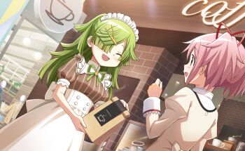 2girls ^_^ aki_mabayu alternate_costume apron artist_request back_bow bag bare_arms blunt_bangs blunt_ends bow brooch brown_dress buttons cafe ceiling_light closed_eyes coffee_beans coffee_grinder collared_dress collared_shirt corset cowboy_shot cup dress enmaided face-to-face fingernails frilled_sleeves frills game_cg green_hair green_ribbon hair_ornament hair_over_one_eye hair_ribbon hairclip hand_up happy high_collar highres holding holding_bag indoors jewelry juliet_sleeves kaname_madoka lace-trimmed_sleeves lace_trim layered_shirt light_blush light_particles light_rays long_dress long_hair long_sleeves magia_record:_mahou_shoujo_madoka_magica_gaiden mahou_shoujo_madoka_magica mahou_shoujo_madoka_magica_magia_exedra maid maid_headdress mannequin messy_hair mitakihara_school_uniform mug multiple_girls neck_ribbon official_art open_mouth paper_bag pink_eyes pink_hair pointy_nose puffy_short_sleeves puffy_sleeves red_ribbon ribbon saucer school_uniform shirt short_hair short_sleeves short_twintails sign sleeve_cuffs smile standing striped_clothes striped_dress tareme twintails vertical-striped_clothes vertical-striped_dress waist_apron white_apron white_bow white_corset yellow_bow yellow_shirt