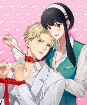Rule 34 | 1boy, 1girl, black hair, blonde hair, blue eyes, blush, breasts, collared shirt, dress, earrings, gold earrings, hair between eyes, heads together, highres, husband and wife, jewelry, large breasts, long hair, looking at viewer, open mouth, shirt, short hair, sidelocks, spy x family, twilight (spy x family), white shirt, yor briar, yslloq