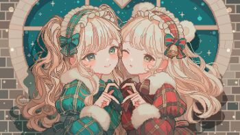2girls ;o animal_ears bear_ears blonde_hair blush_stickers bow bowtie brown_eyes closed_mouth commentary_request drop_shadow four-finger_heart_hands frilled_hairband frills fur_trim green_bow green_bowtie green_eyes green_hairband green_shirt hairband heart heart_hands heart_hands_duo juliet_sleeves long_hair long_sleeves multiple_girls one_eye_closed open_mouth original pixel_art plaid_clothes plaid_hairband plaid_shirt ponytail puffy_sleeves red_bow red_bowtie red_hairband red_shirt shirt shusi_(6muuu3) smile sparkle striped_bow striped_bowtie striped_clothes upper_body