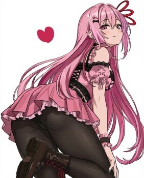 Rule 34 | 1girl, ass, black panties, black pantyhose, black trim, blue necktie, boots, commentary request, detached sleeves, ear piercing, hair ornament, hairclip, heart, juliet sleeves, light blush, long hair, long sleeves, looking at viewer, mazical007, miniskirt, nail polish, necktie, original, panties, panties under pantyhose, pantyhose, pantyshot, piercing, pink eyes, pink hair, pink skirt, puffy sleeves, scrunchie, skirt, solo, tongue, tongue out, underwear, upskirt