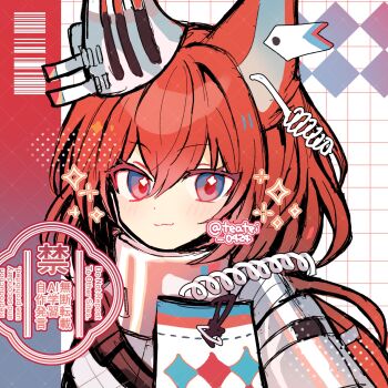 1girl :3 animal_ears arknights armor blush commentary_request ear_covers ear_tag earpiece flametail_(arknights) highres long_hair looking_at_viewer one-hour_drawing_challenge portrait red_eyes red_hair shirocha_tei simple_background single_ear_cover solo squirrel_ears squirrel_girl watermark