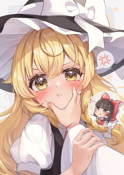 2girls absurdres anger_vein ascot black_hat black_vest blonde_hair blush bow braid brown_eyes brown_hair cheek_pinching commentary_request female_pov frilled_bow frilled_hair_tubes frills hair_bow hair_tubes hakurei_reimu hat hat_bow highres kirisame_marisa long_hair multiple_girls pinching pov puffy_short_sleeves puffy_sleeves red_bow ribbon-trimmed_sleeves ribbon_trim short_sleeves side_braid single_braid spoken_anger_vein sweat touhou vest wheat_retzel white_bow witch_hat yellow_ascot yellow_eyes