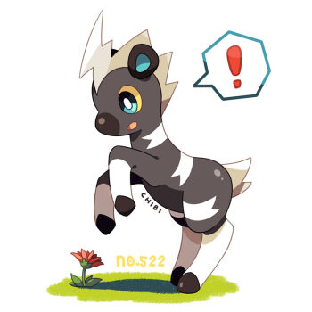 ! blitzle colored_sclera commentary_request flower full_body gen_5_pokemon horse nintendo no_humans outdoors pokemon pokemon_(creature) solo spoken_exclamation_mark tomato_mameta white_background yellow_sclera