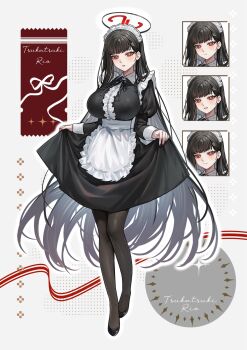 1girl alternate_costume apron ariko_(aaaaarik) black_dress black_hair black_halo black_pantyhose black_shoes blue_archive blush breasts bright_pupils closed_mouth commentary dress english_commentary enmaided fingernails frilled_apron frilled_hairband frills full_body hairband halo highres large_breasts long_hair long_sleeves looking_at_viewer maid maid_headdress multicolored_halo multiple_expressions nail_polish pantyhose parted_lips puffy_long_sleeves puffy_sleeves red_eyes red_halo red_nails rio_(blue_archive) shoes skirt_hold smile standing two-tone_halo very_long_hair white_apron white_background white_hairband