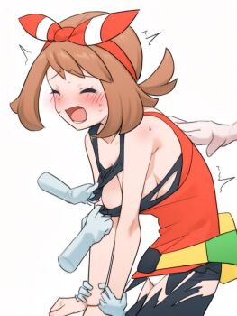 1girl arched_back bike_shorts blush bow_hairband breasts brown_hair closed_eyes collarbone commentary_request disembodied_hand fanny_pack hairband hand_on_another's_back holding_another's_wrist lower_teeth_only mari_(crjcfwmu0f89381) may_(pokemon) molestation nintendo open_mouth pokemon pokemon_oras raised_eyebrows red_hairband red_shirt shirt simple_background sweat tearing_clothes tearing_up teeth tongue torn_bike_shorts torn_clothes trembling white_background yellow_bag