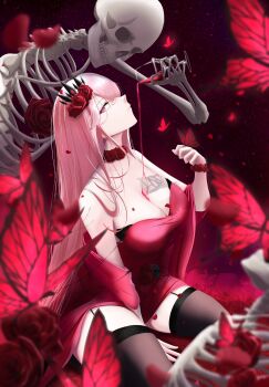 1girl absurdres alcohol bare_shoulders between_legs breasts brown_thighhighs bug butterfly choker cleavage cup deadbeat_(mori_calliope) dress drinking_glass ellier23 flower full_body garter_straps hair_flower hair_ornament hand_between_legs highres hololive hololive_english insect kneeling large_breasts long_hair looking_at_viewer mori_calliope mori_calliope_(party_dress) official_alternate_costume pink_eyes pink_hair pouring_onto_another red_butterfly red_dress red_flower red_rose red_wine rose skeleton skull solo strapless strapless_dress thighhighs very_long_hair virtual_youtuber wine wine_glass