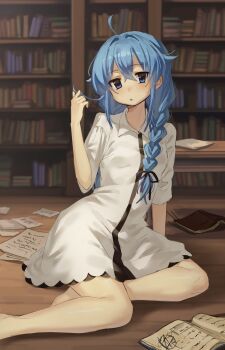 1girl absurdres ahoge black_bow blue_eyes blue_hair book bow braid hair_bow highres indoors library looking_at_viewer mushoku_tensei pages playing_with_own_hair roxy_migurdia solo tazaki_yokka
