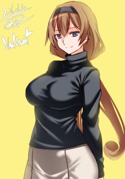 1girl black_hairband black_shirt blonde_hair blue_eyes breasts character_name cowboy_shot dated engo_(aquawatery) grey_skirt hair_between_eyes hairband kantai_collection large_breasts long_hair long_sleeves looking_at_viewer shirt signature skirt turtleneck turtleneck_shirt valiant_(kancolle) yellow_background