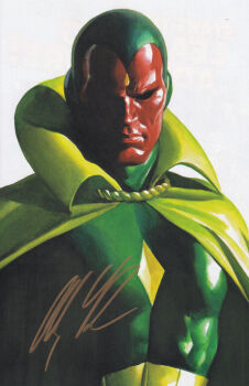 1boy alex_ross avengers_(series) bodysuit cape colored_skin comic_cover cover cover_page eyes_in_shadow green_bodysuit high_collar looking_at_viewer male_focus marvel merchandise_available official_art realistic red_skin signature solo superhero_costume upper_body vision_(marvel) western_comics_(style) white_background yellow_cape