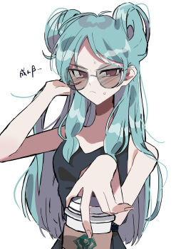 1girl absurdres aged_up aqua_hair beta_(inazuma_eleven) black_dress blush commentary cup disposable_coffee_cup disposable_cup double_bun dress hair_bun hand_in_own_hair highres inazuma_eleven_(series) inazuma_eleven_go inazuma_eleven_go_chrono_stone long_hair looking_at_viewer protocol_omega purple_eyes round_eyewear seikawa1110 simple_background sleeveless sleeveless_dress sweatdrop upper_body very_long_hair white_background