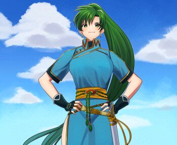 1girl black_gloves blue_dress blue_sky closed_mouth cloud commission dress earrings fingerless_gloves fire_emblem fire_emblem:_the_blazing_blade gloves green_eyes green_hair hair_between_eyes hands_on_own_hips highres jewelry long_hair looking_at_viewer lyn_(fire_emblem) nintendo ponytail short_sleeves skeb_commission sky smile solo ushiroki very_long_hair
