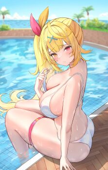 1girl :/ absurdres arm_support back bikini blonde_hair blue_sky blurry blush breasts cleavage commentary_request day depth_of_field from_side furrowed_brow hair_ornament hair_ribbon head_tilt heterochromia highres hoshikawa_sara large_breasts long_hair looking_at_viewer nijisanji ocean outdoors p-tomi palm_tree pool poolside red_eyes ribbon side_ponytail sidelocks sitting sky soaking_feet solo strap_pull swimsuit thigh_strap thighs tile_floor tiles tree turning_head very_long_hair virtual_youtuber water white_bikini x_hair_ornament yellow_eyes