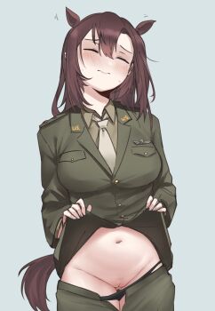 1girl absurdres animal_ears blush breasts brown_eyes brown_hair cleft_of_venus closed_eyes commentary embarrassed english_commentary feet_out_of_frame grace_maitland_steward green_jacket green_shirt green_skirt highres horse_ears horse_girl horse_tail jacket large_breasts long_hair luminous_witches m1saki_1 military military_uniform navel necktie no_panties open_mouth pussy shirt simple_background skirt solo standing tail underwear world_witches_series