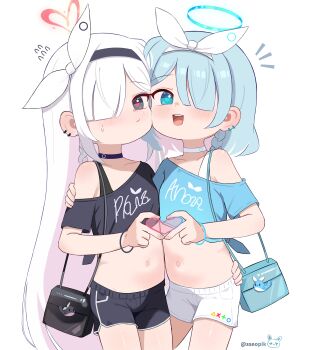 2girls absurdres arona_(blue_archive) bag black_bag black_choker black_eyes black_hairband black_shirt black_shorts black_sports_bra blue_archive blue_bag blue_eyes blue_hair blue_halo blue_shirt blush bow bow_hairband character_name cheek-to-cheek choker closed_mouth colored_inner_hair cowboy_shot crop_top cropped_shirt dolphin_shorts hair_bow hair_over_one_eye hairband halo heads_together heart heart_halo heart_hands heart_hands_duo highres long_bangs long_hair looking_at_viewer multicolored_hair multiple_girls navel notice_lines off-shoulder_shirt off_shoulder open_mouth parted_bangs pink_halo plana_(blue_archive) pout print_shirt red_pupils shirt short_hair short_shorts shorts simple_background single_off_shoulder smile sports_bra sseopik standing stomach straight_hair t-shirt variant_set very_long_hair white_background white_bow white_choker white_hair white_hairband white_shorts white_sports_bra wristband