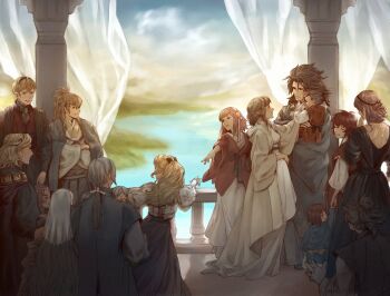 6+boys 6+girls azura_(fire_emblem) baby back blonde_hair blue_hair blurry blurry_background brown_hair camilla_(fire_emblem) female_corrin_(fire_emblem) curtains dress elise_(fire_emblem) family fire_emblem fire_emblem_fates from_behind goldtectonic highres hinata_(fire_emblem) hinoka_(fire_emblem) jakob_(fire_emblem) japanese_clothes kimono lake leo_(fire_emblem_fates) mother_and_son multiple_boys multiple_girls nintendo nyx_(fire_emblem) outstretched_arm outstretched_arms pink_hair railing red_hair robe ryoma_(fire_emblem) sakura_(fire_emblem) siblings smile takumi_(fire_emblem) tiara xander_(fire_emblem)