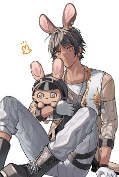 1boy @_@ animal_ears arknights bishounen black_boots black_hair black_shirt boots bright_pupils brown_jacket closed_mouth commentary_request dark-skinned_male dark_skin ear_piercing earclip fake_animal_ears gloves highres hishoti_cheese holding holding_stuffed_toy jacket jewelry lace-up_boots long_sleeves looking_at_viewer male_focus necklace open_clothes open_jacket orange_eyes pants piercing rabbit_ears shirt short_hair simple_background sitting solo stuffed_animal stuffed_rabbit stuffed_toy thorns_(arknights) white_background white_gloves white_pants white_pupils white_shirt yellow_eyes
