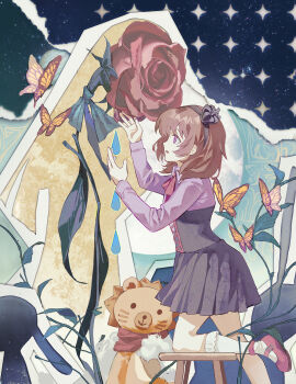 1girl :o abstract absurdres black_corset black_headband bob_cut bow bowtie brown_hair bug butterfly corset crown flower frilled_socks frills from_side headband highres insect jinxiaoyimeng kneehighs leg_up mary_janes mini_crown pleated_skirt profile purple_eyes purple_shirt reaching red_bow red_bowtie red_shoes ribbon rose sakutarou_(umineko) shirt shoes skirt socks solo stuffed_toy surreal umineko_no_naku_koro_ni ushiromiya_maria yellow_butterfly