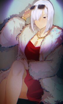 1girl absurdres bracelet breasts brown_eyes cleavage closed_mouth coat commentary_request crossed_legs dress expressionless eyewear_on_head feet_out_of_frame fingernails fiona_frost fur_coat gold_bracelet hand_on_own_knee hand_up highres jewelry knowname large_breasts long_fingernails looking_at_viewer medium_hair mixed-language_commentary nail_polish necklace partial_commentary pink_nails red_dress simple_background sitting solo spotlight spy_x_family sunglasses white_coat white_hair