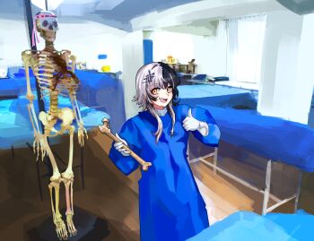 1girl :d absurdres black_hair bone commentary english_commentary gloves highres holding holding_bone hololive hololive_english indoors medical_scrubs miku_(mikururun) multicolored_hair open_mouth shiori_novella skeleton smile solo split-color_hair teeth thumbs_up virtual_youtuber white_gloves white_hair window yellow_eyes