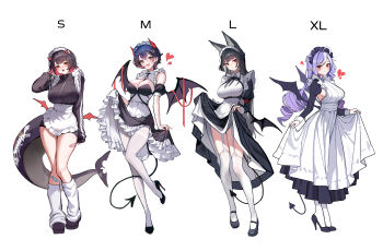 4girls absurdres alternate_breast_size_(larger) alternate_costume animal_ears apron arm_behind_head bandaid bandaid_on_leg belle_(zenless_zone_zero) black_dress black_hair black_jacket black_panties black_shoes black_shrug black_wings blue_hair blush bow breasts closed_mouth colored_inner_hair demon_tail demon_wings dress drill_hair ellen_joe enmaided fake_horns fake_tail fake_wings fins fish_tail fox_ears fox_girl full_body garter_straps green_eyes hair_between_eyes hair_ornament hairband heart high_heels highres horns hoshimi_miyabi jacket large_breasts layered_dress leg_warmers letter_hair_ornament lifting_own_clothes long_hair long_sleeves looking_at_viewer maid maid_apron maid_headdress mini_wings mole mole_under_eye multicolored_hair multiple_girls open_mouth panties pantyhose pointy_ears purple_hair purple_hairband raised_eyebrow razor_blade_hair_ornament red_bow red_eyes scar scar_on_tail shark_girl shark_tail shoes short_hair shrug_(clothing) sideboob simple_background skirt_hold smile standing standing_on_one_leg tail thighhighs underwear very_long_hair vivian_banshee white_apron white_background white_dress white_leg_warmers white_pantyhose white_thighhighs wings yuna_(deadawon) zenless_zone_zero zipper