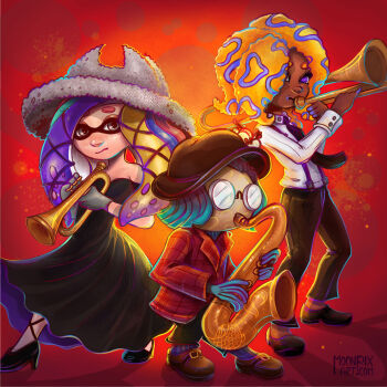Rule 34 | 3girls, aqua hair, artist name, backlighting, bare shoulders, black dress, black hat, black necktie, black pants, black shoes, black suspenders, blonde hair, brown shoes, collared shirt, dark-skinned female, dark skin, dress, glasses, grey eyes, grey hat, hair over one eye, hat, height difference, highres, holding, holding instrument, holding saxophone, holding trombone, holding trumpet, instrument, long sleeves, moonpix, multiple girls, music, necktie, nintendo, opaque glasses, orange hair, pants, patterned hair, plaid clothes, plaid shirt, playing instrument, purple eyes, purple hair, red background, red shirt, round eyewear, saxophone, shadow, shirt, shoes, splatoon (series), splatoon 3, strapless, strapless dress, suction cups, tao blu, tentacle hair, tosh (splatoon), trombone, trumpet, white shirt, yoko (splatoon)