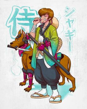 2boys armor bandaid bandaid_on_face bead_necklace beads brown_hair bruno_mota claws dog facial_hair goatee highres japanese_armor jewelry katana knife looking_at_viewer male_focus mouth_hold multiple_boys necklace portuguese_commentary samurai sandals scooby-doo scooby-doo_(character) shaggy_rogers sword translation_request weapon