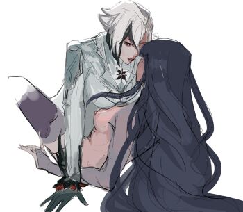 2girls arlecchino_(genshin_impact) breasts bridal_gauntlets colored_skin commentary couple covered_erect_nipples english_commentary formal_clothes from_behind from_side genshin_impact grey_hair grey_suit hair_between_eyes highres jacket japanese_clothes large_breasts leaning_back leaning_forward leaning_on_person long_hair long_sleeves looking_down multicolored_hair multicolored_skin multiple_girls nude parted_lips purple_hair purple_thighhighs raiden_shogun red_eyes red_lips sex simple_background sketch spread_legs streaked_hair suit suit_jacket thighhighs two-tone_hair two-tone_skin white_background yeysoup yuri